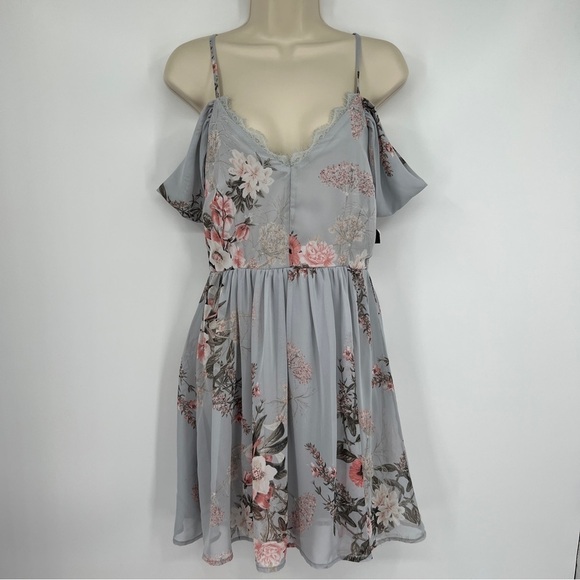 Lulu's Verona Light Blue Floral Print Eyelash Trim Off-the-Shoulder Lace Dress - Picture 1 of 16